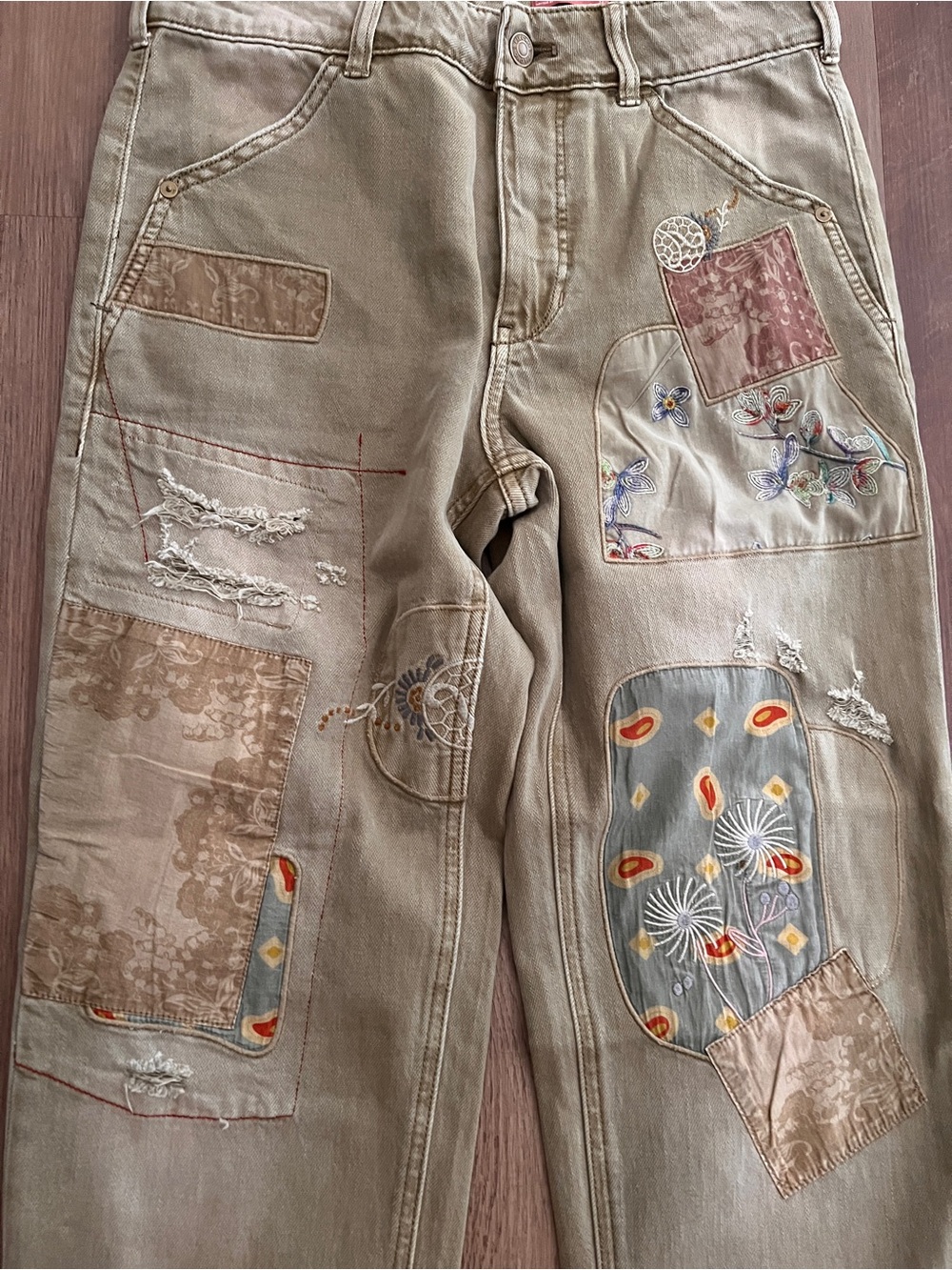 Pilcro for Anthropologie Embroidered Patchwork Olive Denim Jeans. Sz 26 - Picture 6 of 9